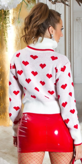 knitted Sweater with Turtleneck "Hearts" White